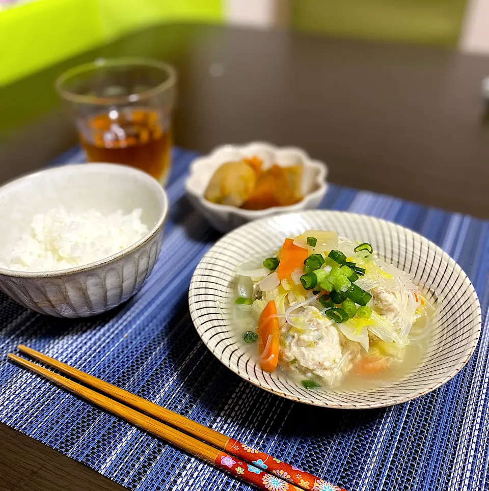 生姜とネギたっぷりつくねのスープ　かぼちゃと里芋の煮物|ちぐあささん