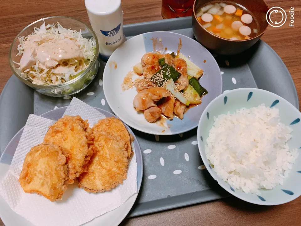 焼き鳥、さつまいも天ぷら、サラダチキン、ポトフ|まろぽんさん