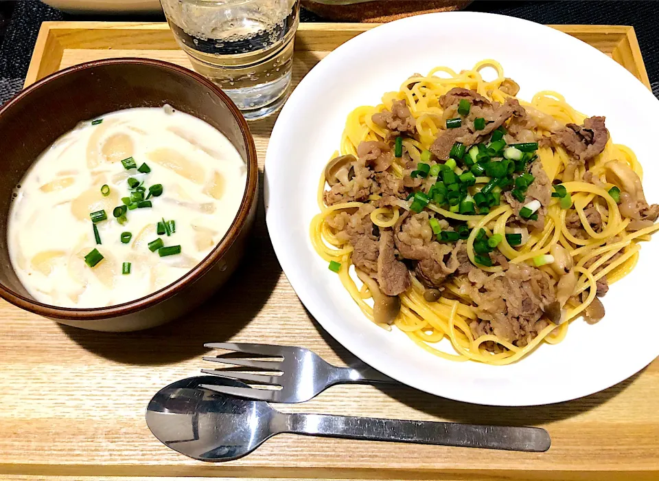 牛肉としめじの和風パスタ！玉ねぎの和風ミルクスープ！|asaminnさん