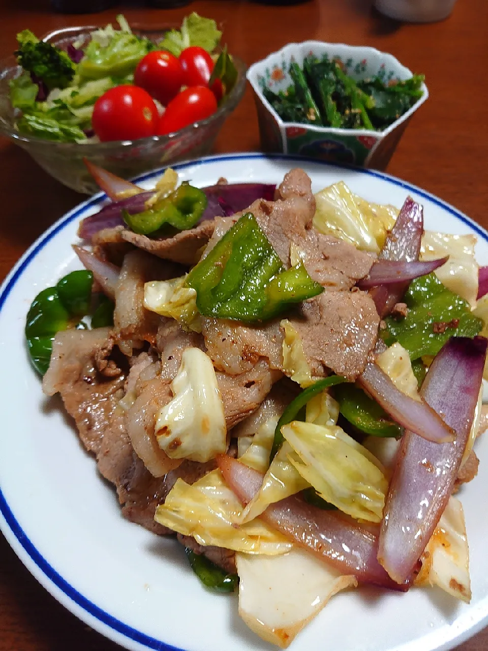 肉野菜炒め
ほうれん草胡麻和え
サラダ|ぱやさん