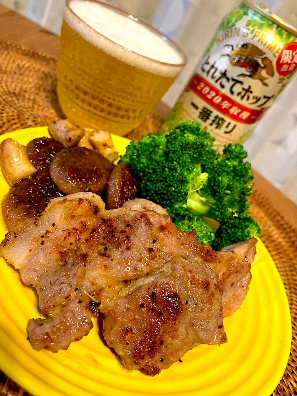 豚肩ロースのケイジャンスパイス焼きと、一番搾りとれたてホップ😋🍻💕✨|アイさん