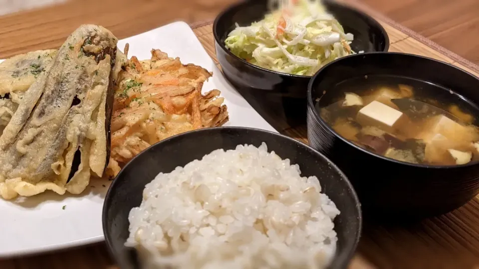 Snapdishの料理写真:茄子天＆かき揚げ定食〜
の晩ごはん✨|kaz(*･ω･)さん