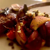 Pork Chop with Roasted Butternut Squash, Red Onions, Lentils and Sage