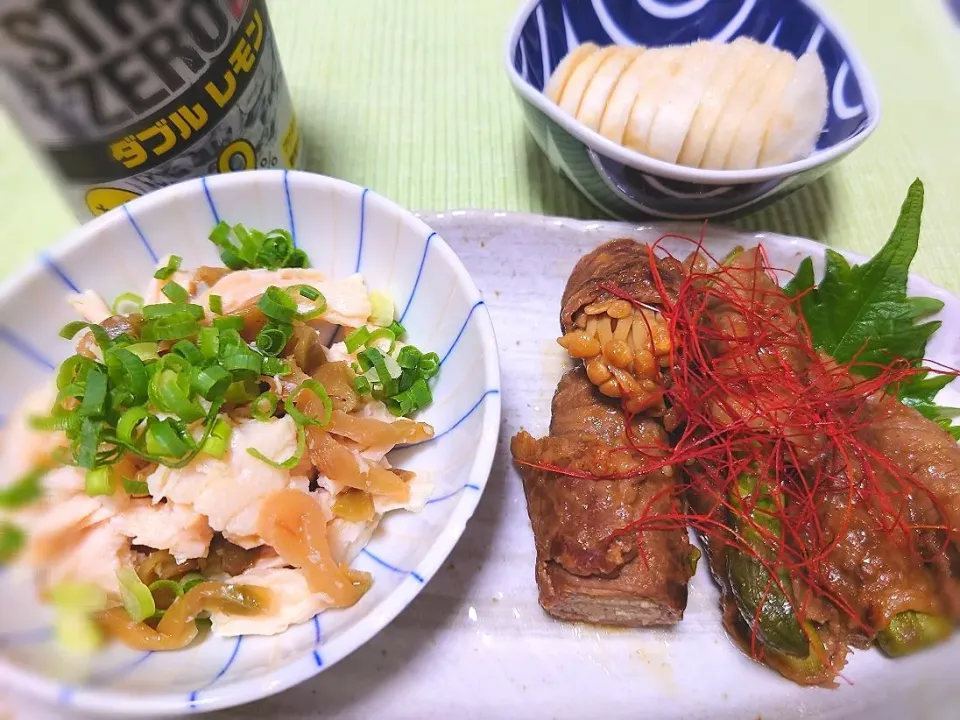 容子さんの料理 切って混ぜるだけ～味付け不要～サラダチキンとザーサイの和え物☆

🍶アスパラとえのきの肉巻き
🍶蕪の糠漬け|☆Chieco☆さん