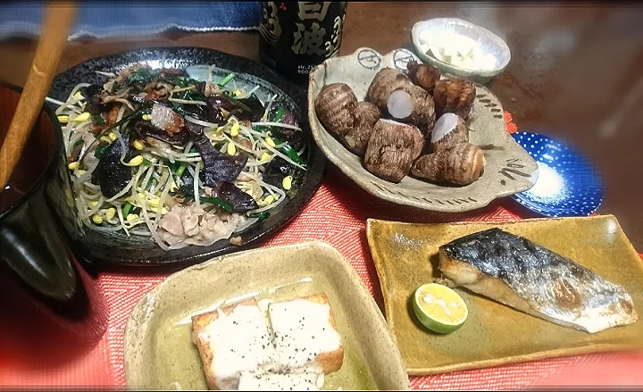 ずる剥け塩チョンチョン(きぬかつぎ)
  もやし炒め
  さごし🐟塩焼き
  厚揚げチーズのせ|びせんさん