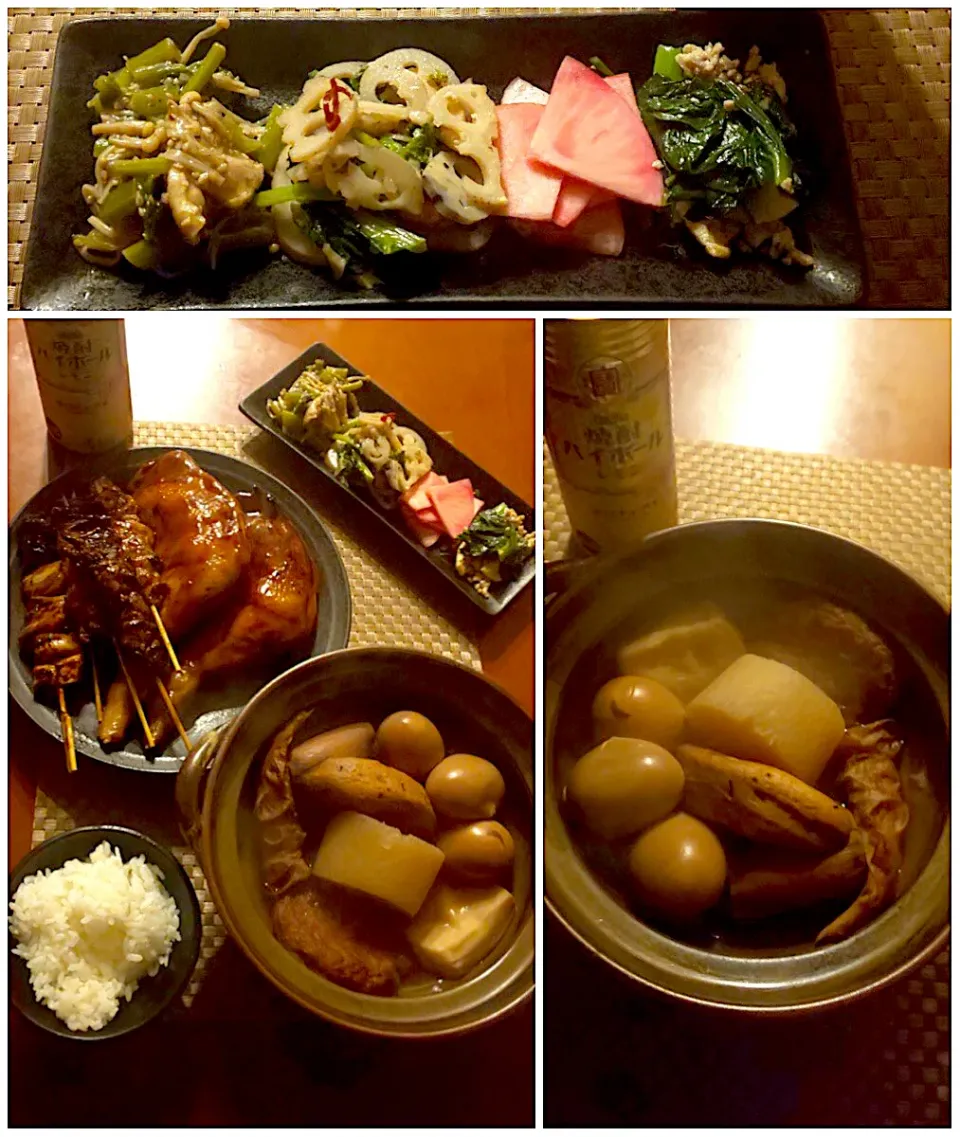 Today's dinner🍴我家おばんざい4種･おでん🍢･鳥一の鶏もも･鴨葱･かしわ･ﾚﾊﾞｰ･白飯|🌈Ami🍻さん