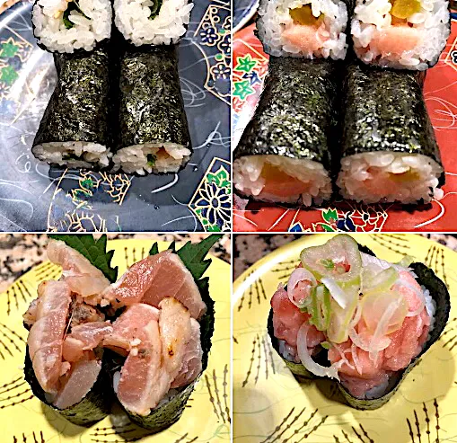 寿司ウィーク🍣梅しそ巻　トロたく巻　ねぎとろ軍艦　本日の切り落とし（マグロの腹身？）軍艦🍣　根室花まる|ノムリエさん