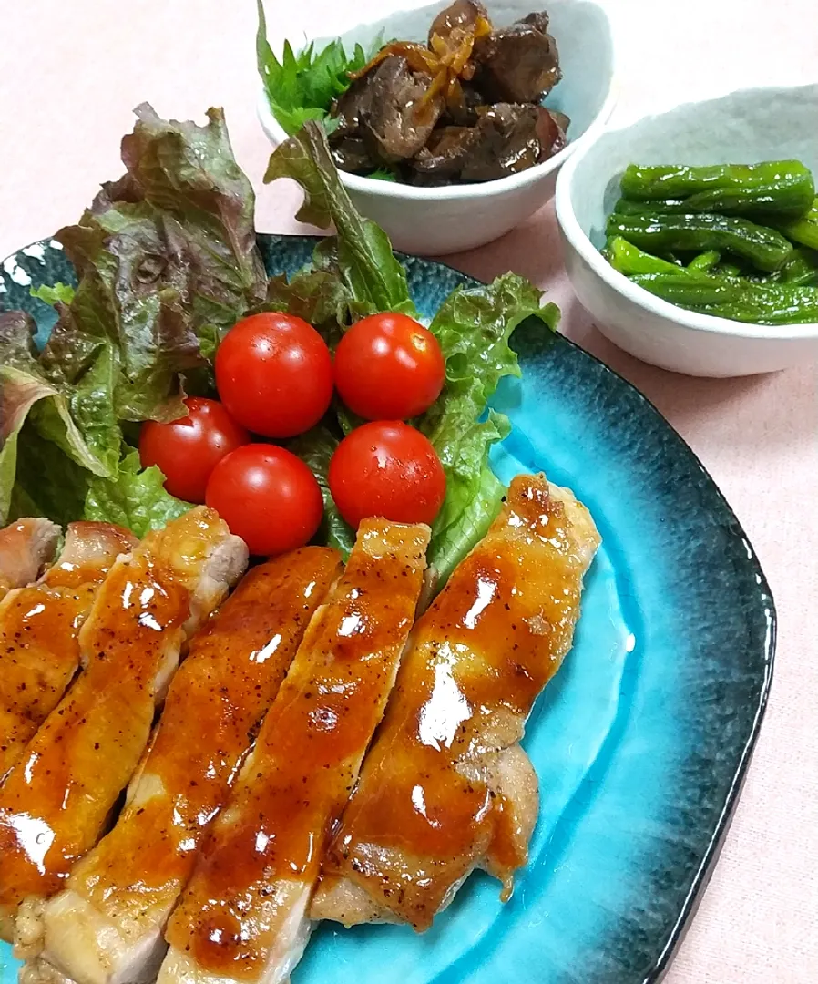 ☆今日の晩ご飯☆　鶏の照り焼き　鶏の肝煮　ししとう炒め|hamamaさん