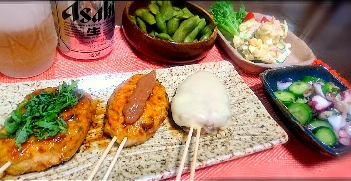 ふわふわ鶏🐔つくね
 酢ダコ🐙
 ポテトサラダ
 だだ茶豆|びせんさん