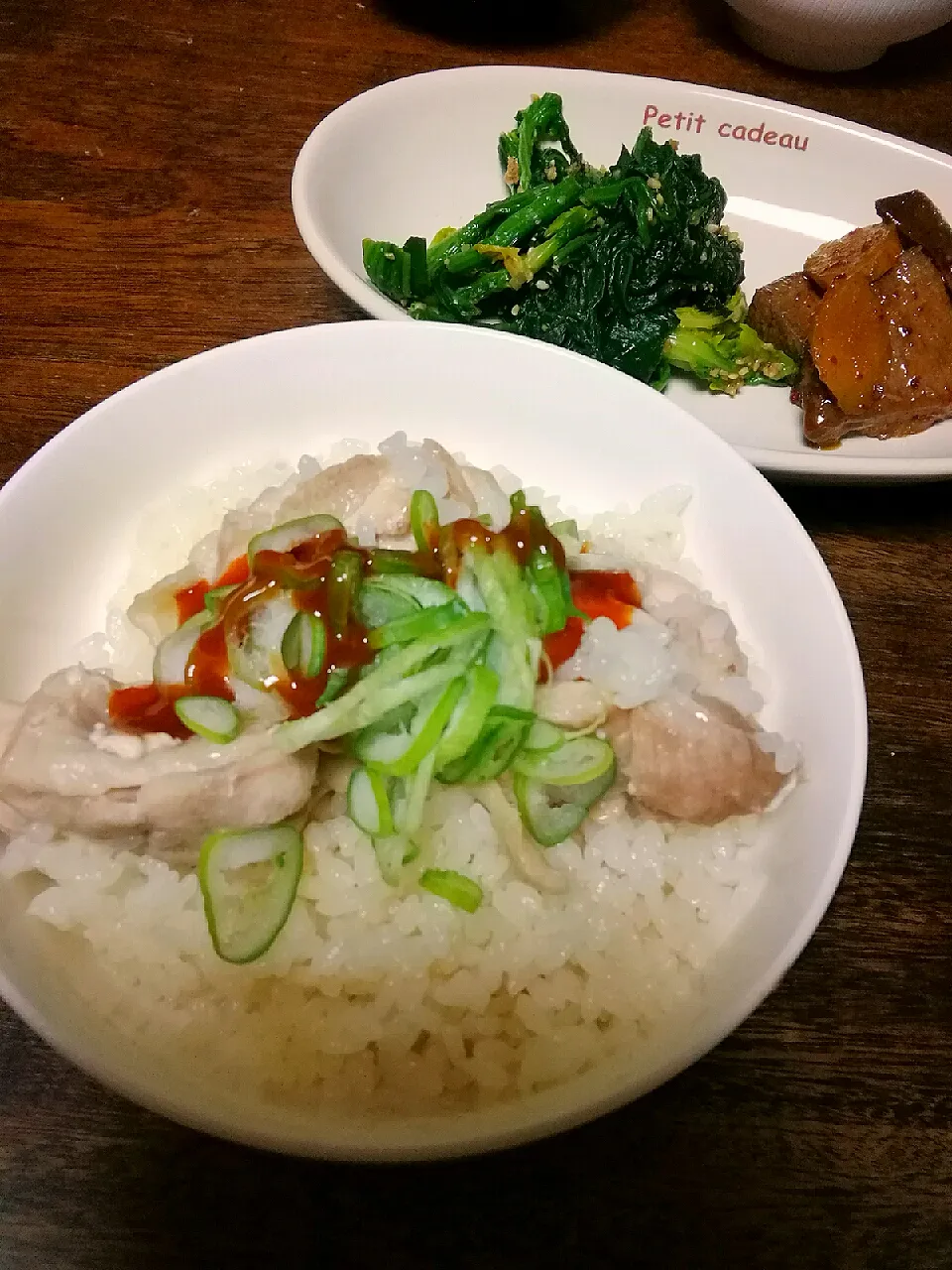 海南鶏飯、豚レバーの佃煮、ほうれん草のごま和え|にんにくと唐辛子が特に好き❤️(元シャリマー)さん