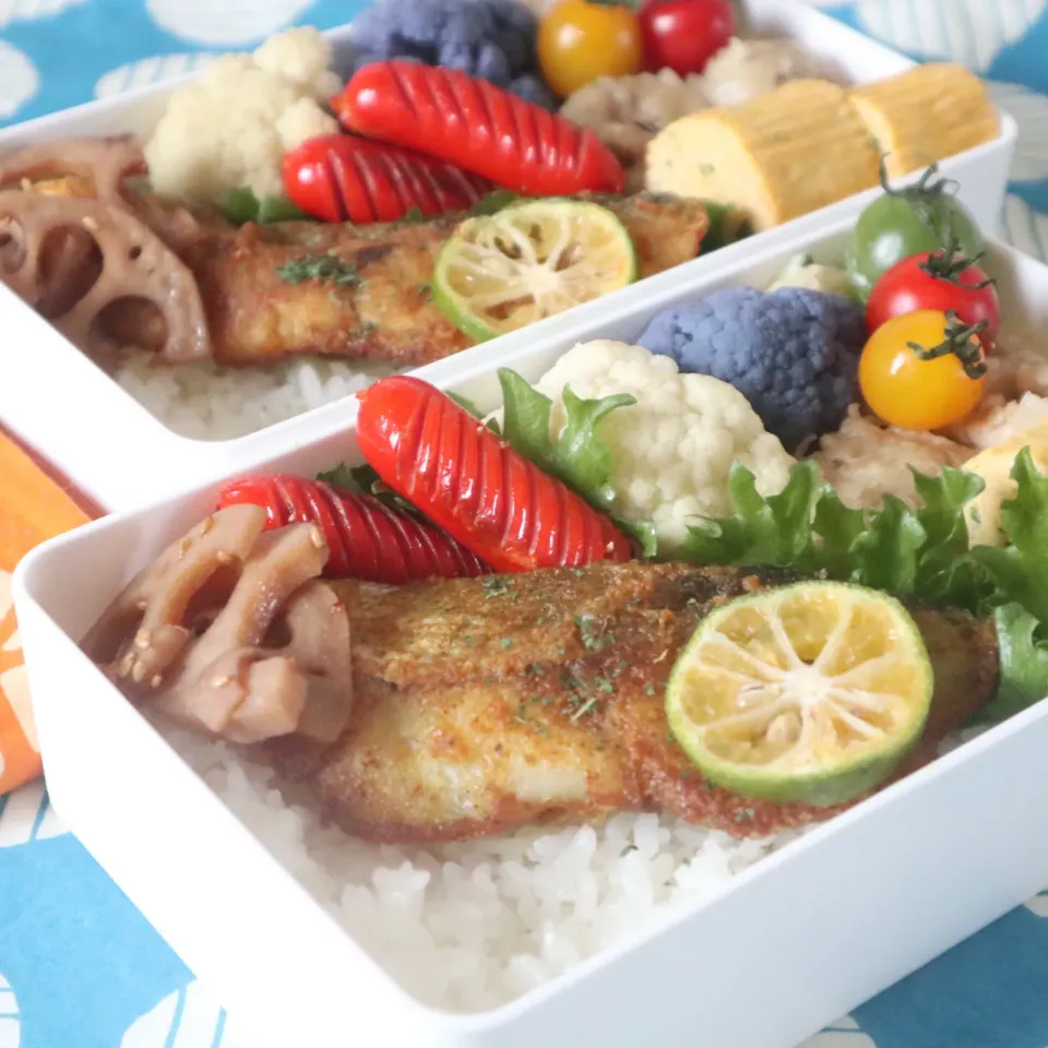 中学生男子年子弁当🍱タラのカレームニエル、シークワーサーで爽やか風味。期末テスト3日目置き弁💪|なかじー。さん