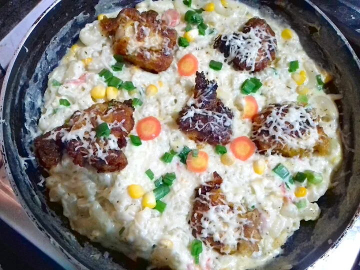 creamy  cheese corn pasta with fried juicy Chicken|Binita Thapaさん