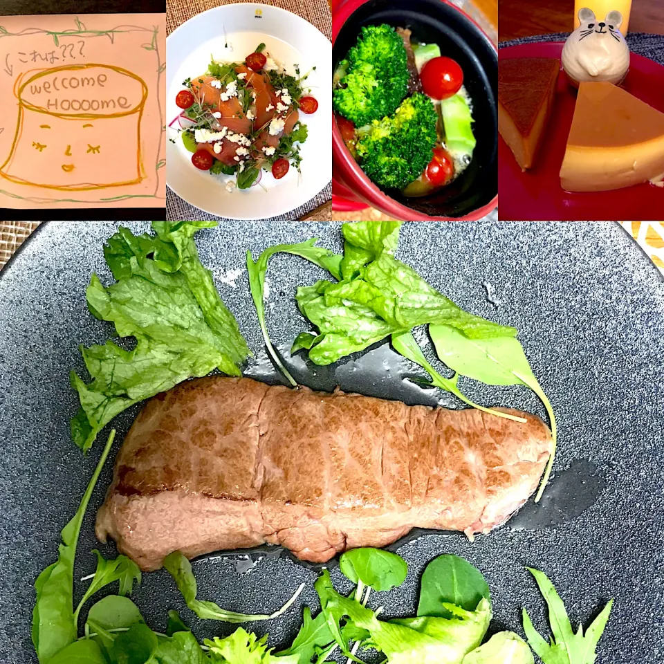 Snapdishの料理写真:飛騨牛のステーキ、バーニャカウダ、スモークサーモンのサラダとプリンの宴|なお🅿️さん