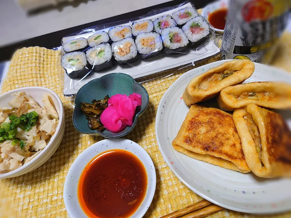 ★小料理屋ちえこ　お品書き
🍶キムチーズ餃子(からあげビールさん)
🍶サラダチキンとザーサイの和え物(容子さん)
🍶海苔巻き(スーパー🤣)|☆Chieco☆さん