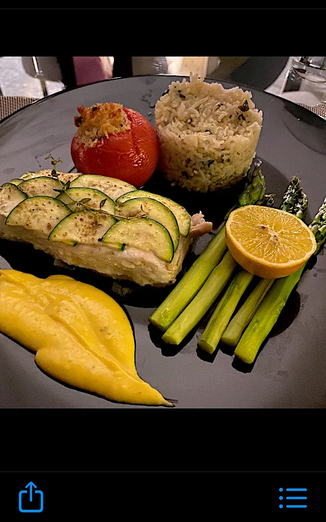 Poached Halibut with a Horseradish Sabayon, Rice and Asparagus|Christine pavelkaさん