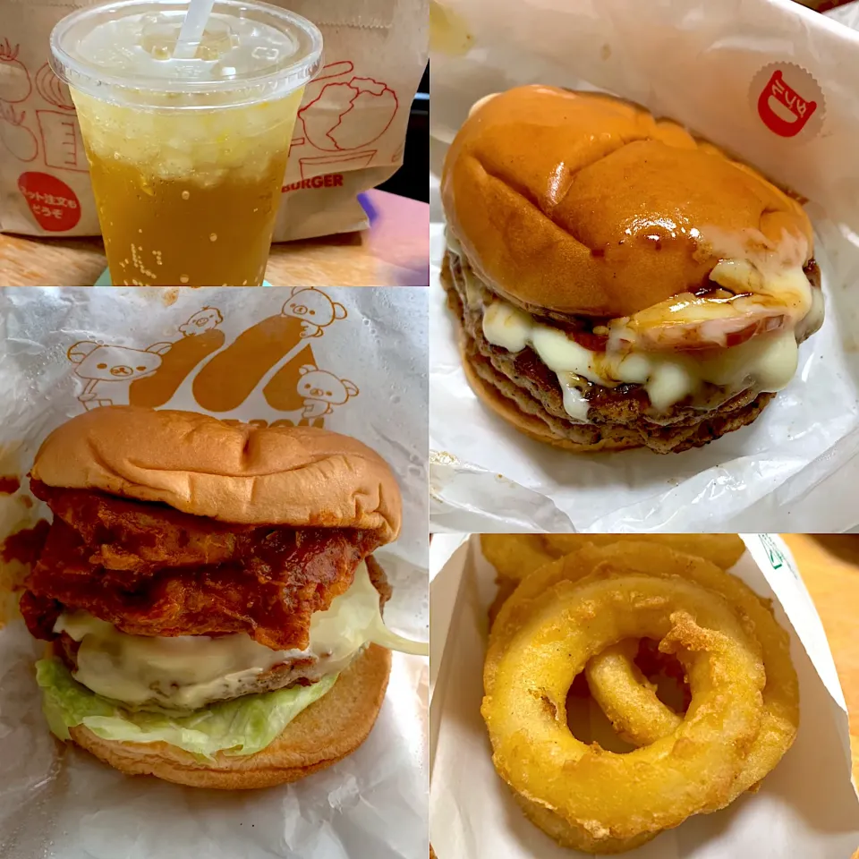 とびきり赤ワイン&ビネガーバーガー🍔ごちそうチリバーガー2種のチーズ🍔　オニオンフライ🧅　ネーブルM🥤|るみおんさん