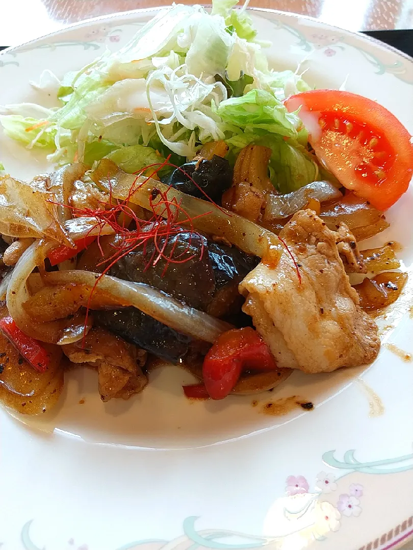 ☆今日のお昼ごはん☆　日替わり定食　なすと豚肉のピリ辛炒め|hamamaさん