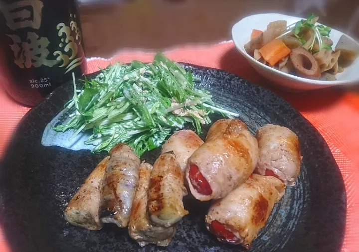 🍅 🍆  豚巻き 
  水菜サラダ
  根菜煮物|びせんさん