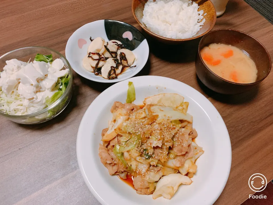 回鍋肉、山芋と塩昆布和え、豆腐サラダ|まろぽんさん