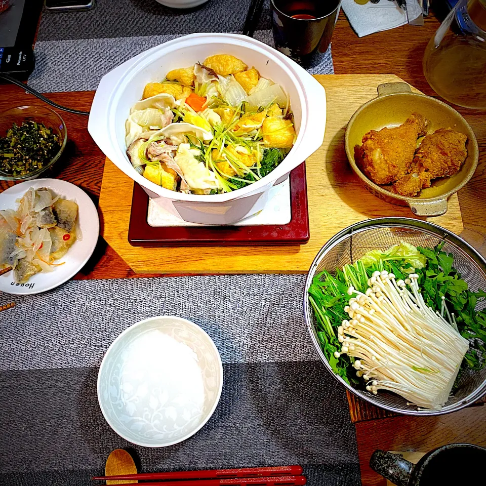 スープ餃子鍋、大根葉のおかか煮、フライドチキン、常備菜、|yakinasuさん