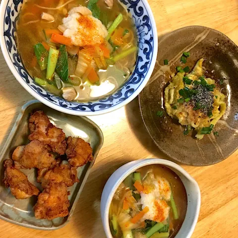 「ダイズラボ そのまま食べる大豆粉」を使ってみたSnapdishの料理・レシピ写真:糖質０麺でキムチ鍋風ラーメン🍜、大豆粉で唐揚げ、焼きなす🍆|ｮ'ω'〃)いただきます♪