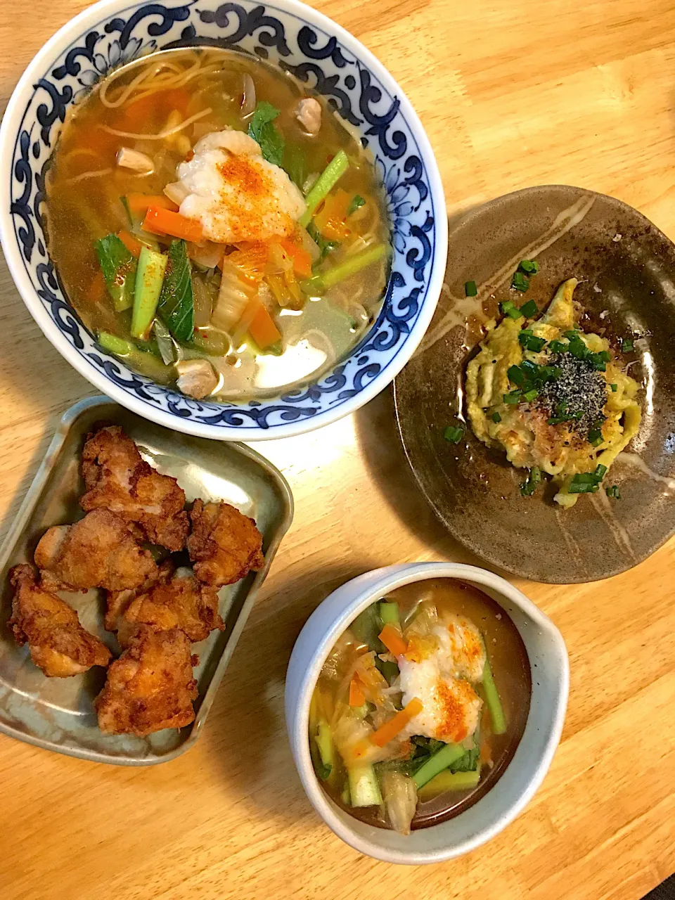 糖質０麺でキムチ鍋風ラーメン🍜、大豆粉で唐揚げ、焼きなす🍆|ｮ'ω'〃)いただきます♪|さくたえさん