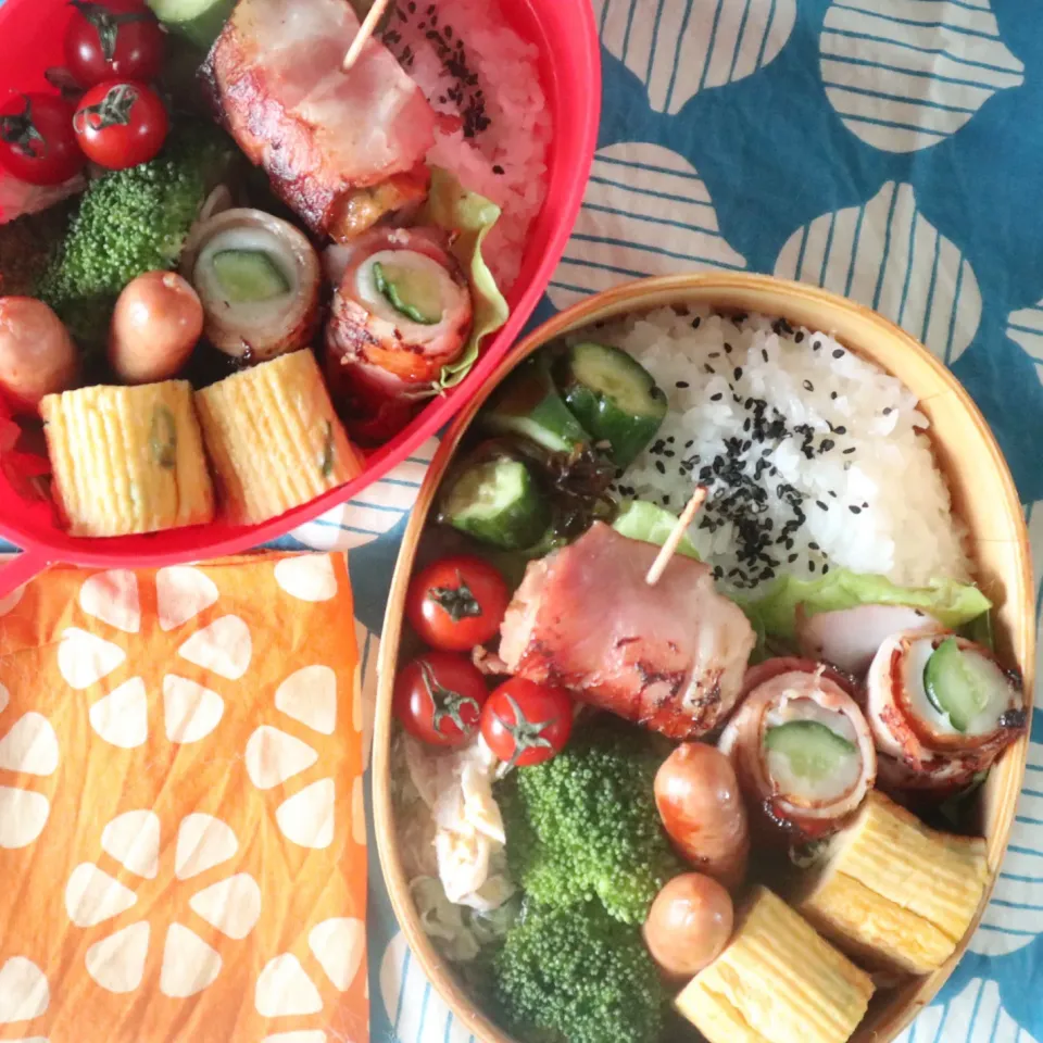 Snapdishの料理写真:中学生男子年子弁当🍱ちくわきゅうりのベーコン巻き|なかじー。さん