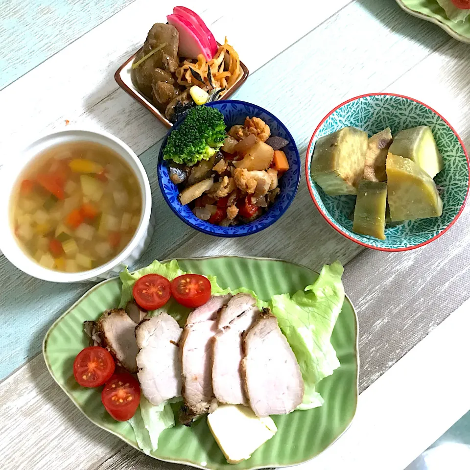 晩酌セット　焼豚、カリフラワーロースト、焼芋、鶏肝煮|SERINOさん