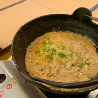 Snapdishの料理写真:前夜食べ切れなかったどぶ汁の雑炊を朝食で。|shibakoさん