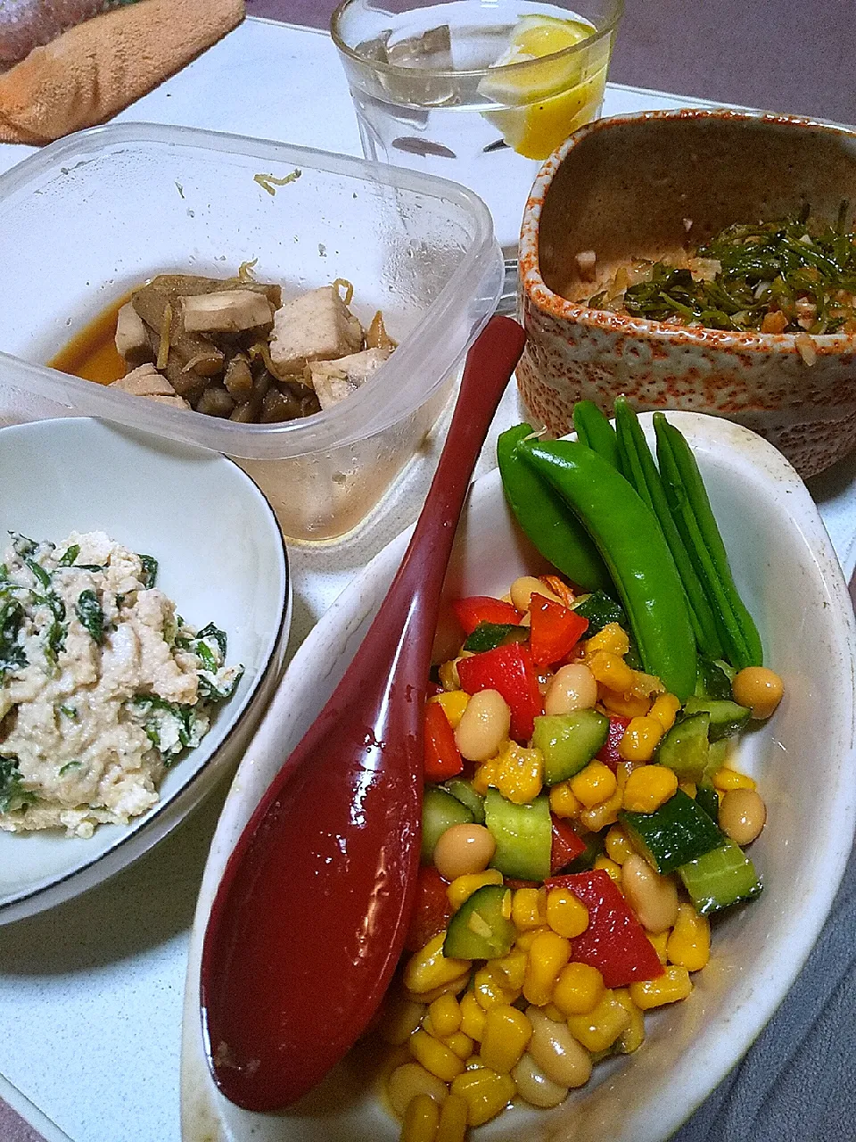 今日の晩御飯
※大豆とコーンときゅうりとパプリカのポン酢マリネ
※クレソンの白和え
※マグロとごぼうの生姜煮
※めかぶキムチ大根の糠漬け
※焼酎ハイボール|れあMIXさん