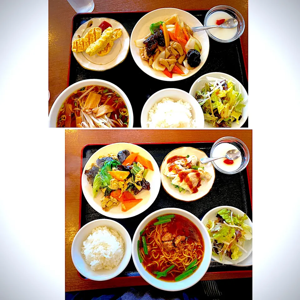 台湾ラーメン、バンバンジー、サラダ、野菜と豚肉炒め、ごはん、杏仁豆腐|yakinasuさん