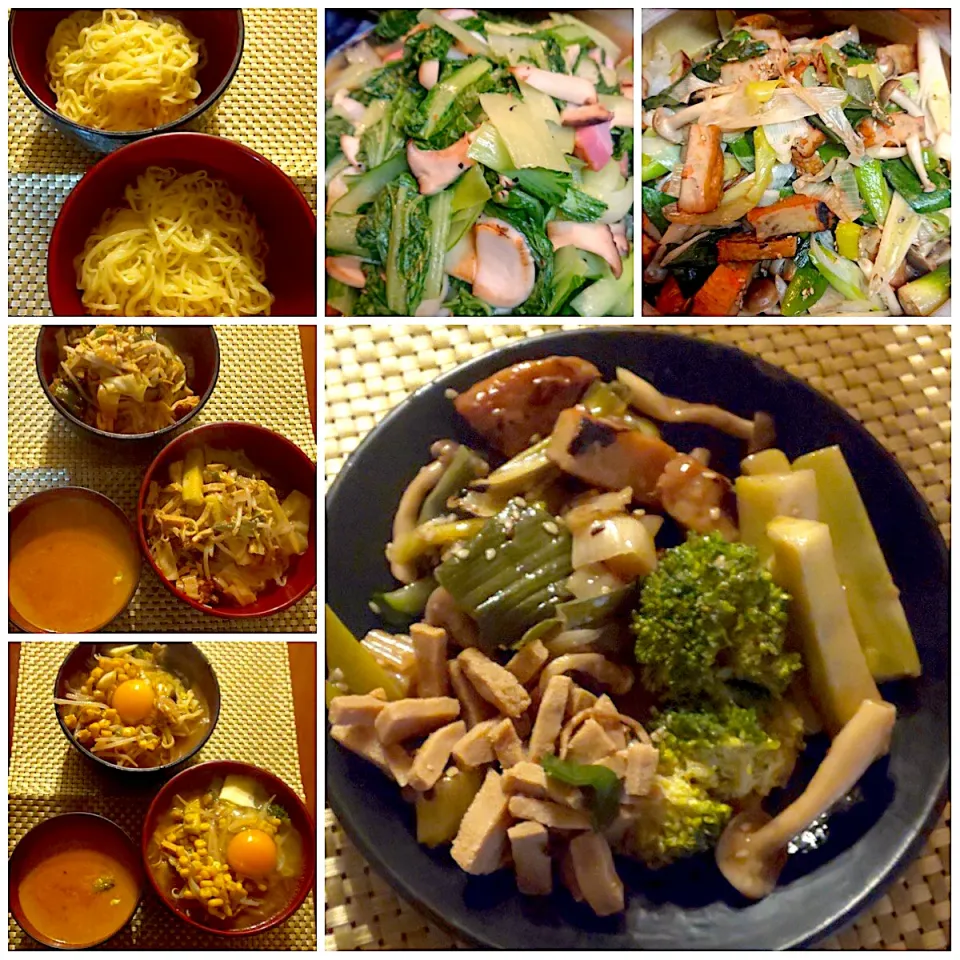 Today's dinner🍴我家おばんざい3種<しんしり菜とｴﾘﾝｷﾞの中華風･下仁田葱と薩摩揚げの出汁de白葱炒め･高野豆腐とﾋﾟｰﾏﾝの含め煮>･激辛ｽｰﾌﾟの牛乳煮込み付けﾀﾞﾚ･味噌ﾊﾞﾀｰｺｰﾝﾗｰﾒﾝ|🌈Ami🍻さん