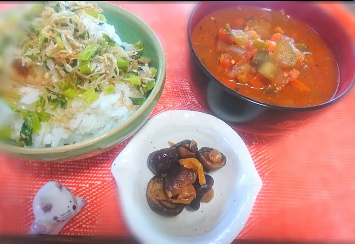 ももさんの料理
     ミネストローネ味噌汁

蕪🌱とちりめんピリ辛
椎茸の佃煮|びせんさん