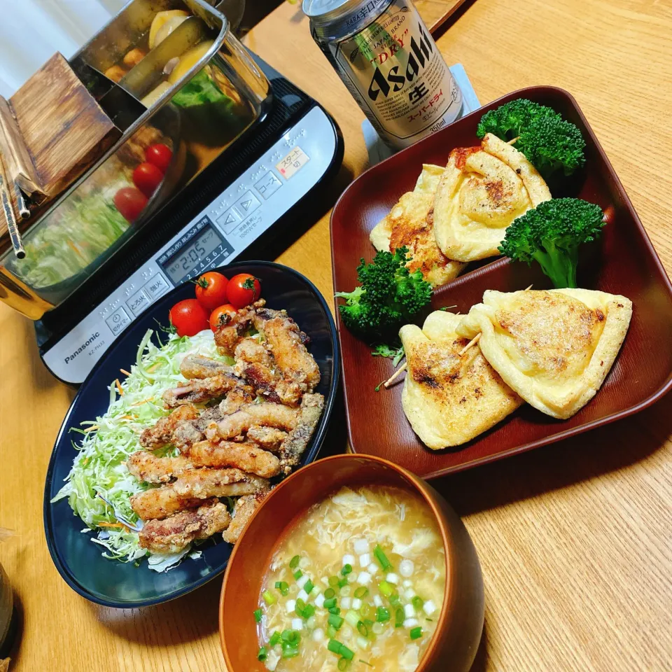 Snapdishの料理写真:おでん🍢
‪‪イカの竜田揚げ🦑
‪‪ブロッコリー🥦の茎とチーズの油揚げ包み焼き|naoさん