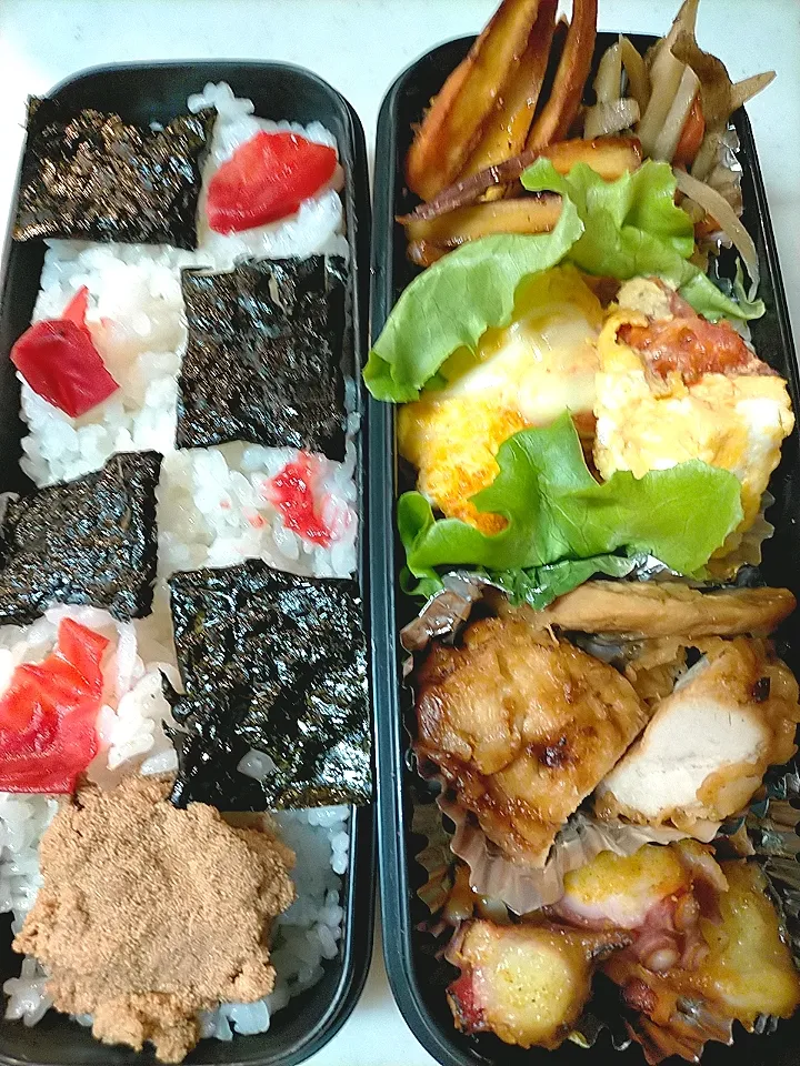 Snapdishの料理写真:カレー味タコと胸肉甘辛弁当
★モッツァレラチーズとトマトの卵つつみ
★さつまいもきんぴら
★ごぼう・人参きんぴら|芽亜里さん