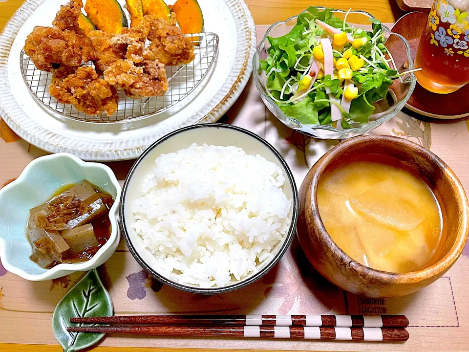 鶏肉のから揚げ、ハムサラダ、こんにゃくの土佐煮|江口笑湖さん