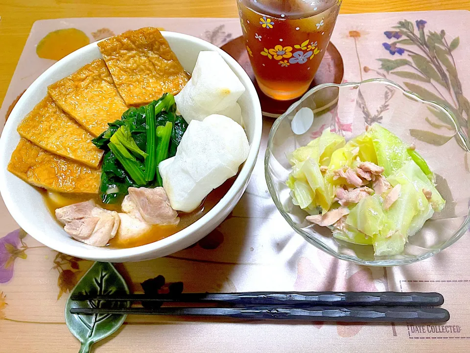 力もちきつねうどん、キャベツのツナあえ|江口笑湖さん