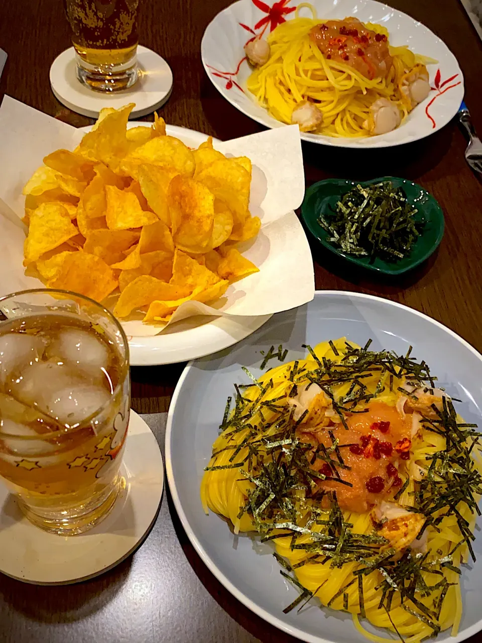 帆立のたらこスパゲッティ🍝　アップルサイダー🍹　ポテトチップス　コンソメ味|ch＊K*∀o(^^*)♪さん