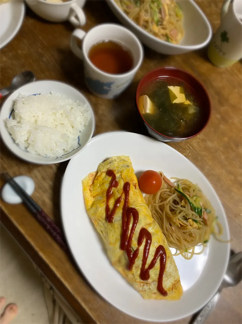 オムレツ・春雨サラダ・味噌汁・ご飯|ちびろ菌さん