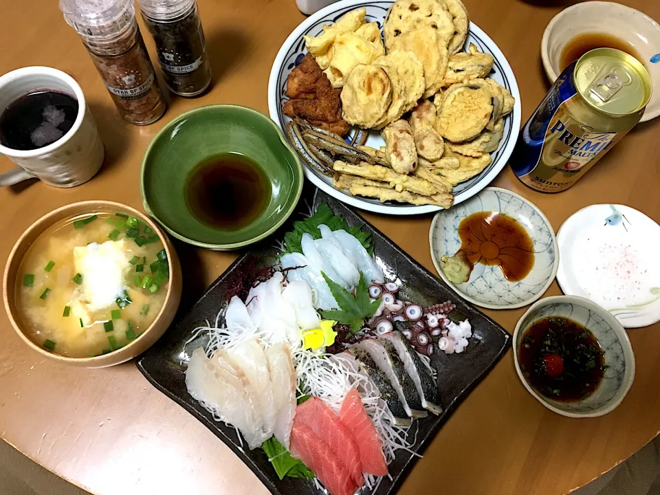 晩ごはん〜お刺身、天麩羅、具沢山お味噌汁|さくたえさん