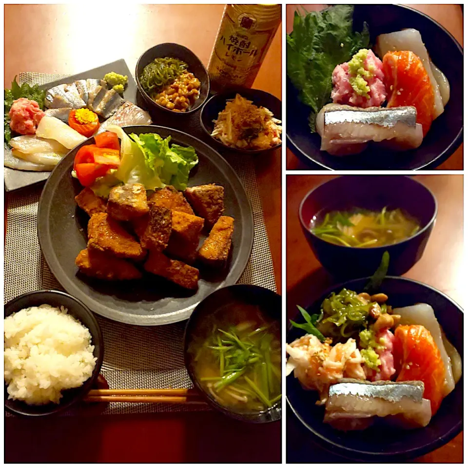 Today's dinner🍴めかぶ&納豆･大和芋の減塩こんぶ茶たらこ和え･お刺身･鰤の唐揚げ･白飯･えのき､しめじ&根芹のお味噌汁|🌈Ami🍻さん