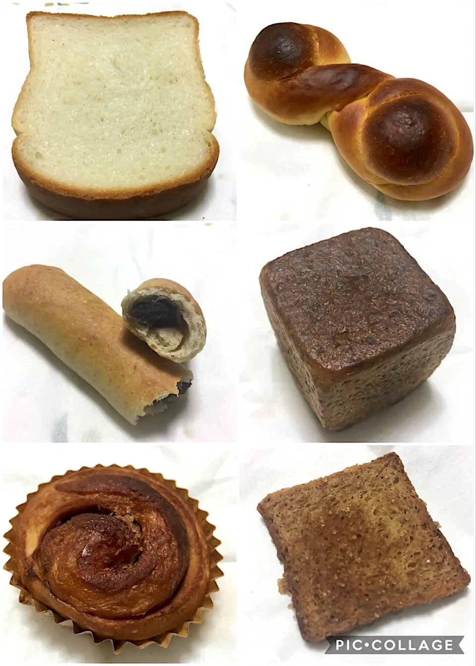 Snapdishの料理写真:生クリーム食パン、蜂蜜と卵黄のパン、あんぱん、コロコロン、シナモンロール、シナモンシュガーラスク|こいちさん