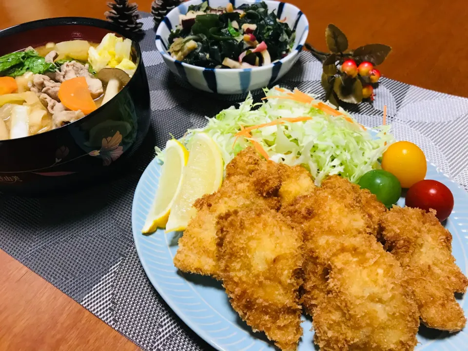 Snapdishの料理写真:「ささみフライ&豚汁&タコとワカメの酢みそ和え」|バシュランさん