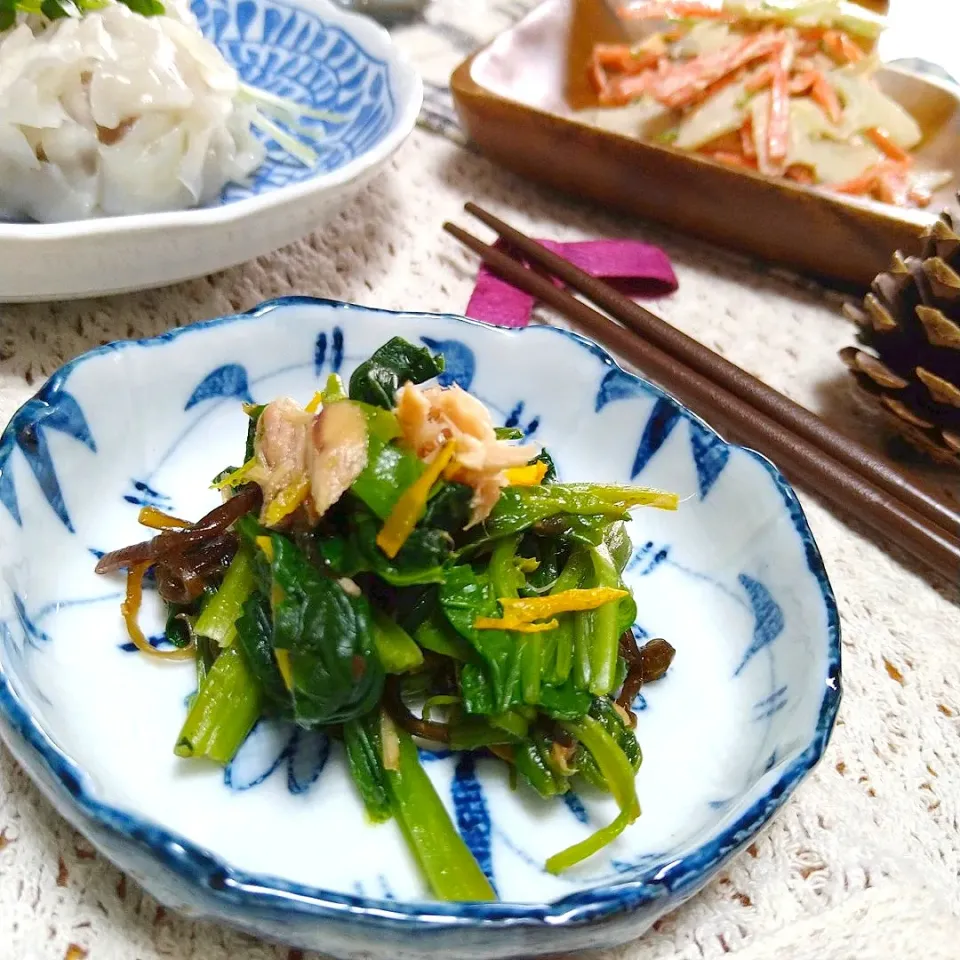 古尾谷りかこさんの料理 ほうれん草とツナ缶の柚子塩昆布和え|とまと🍅さん