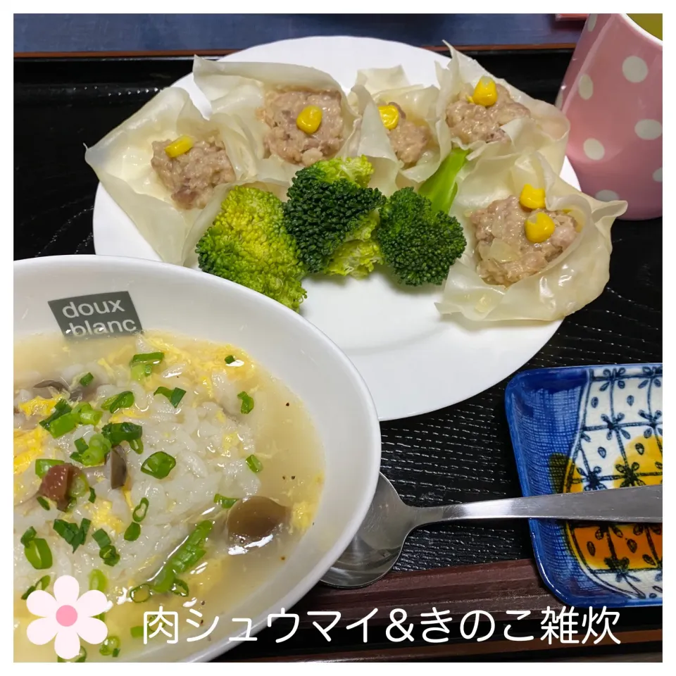 Snapdishの料理写真:肉シュウマイ&きのこ雑炊🍄|いのっちさん