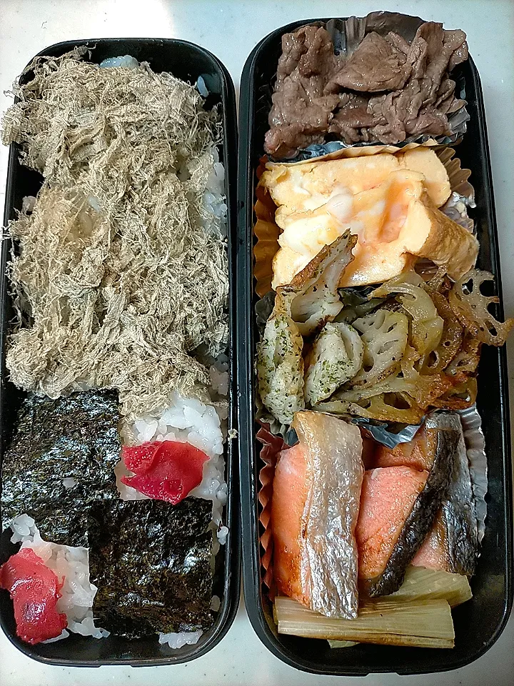 シャケ・牛肉炒め弁当
★ちくわのあおさ焼き
★レンコン揚げ焼き|芽亜里さん