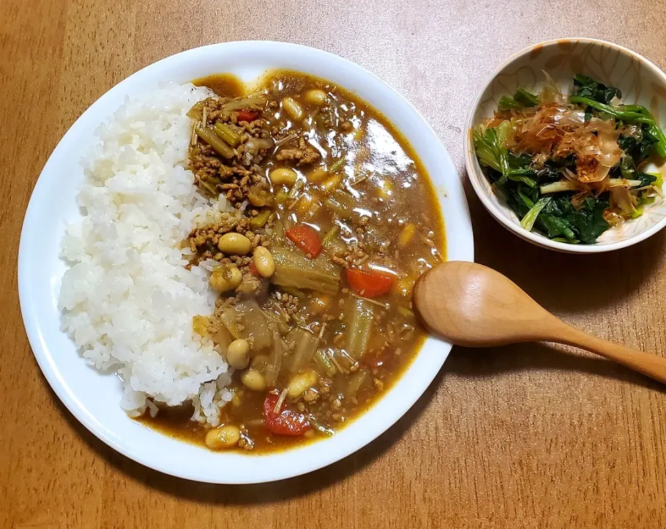 挽き肉と大豆と残り野菜のカレー
ほうれん草のお浸し|ナナさん