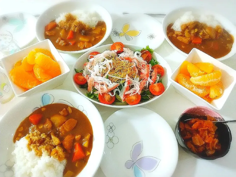 夕食(*^^*)
カレーライス🍛
サラダ(サニーレタス、きゅうり、ミニトマト、サラダ麺、カニカマ)
福神漬け
デコポン|プリン☆さん