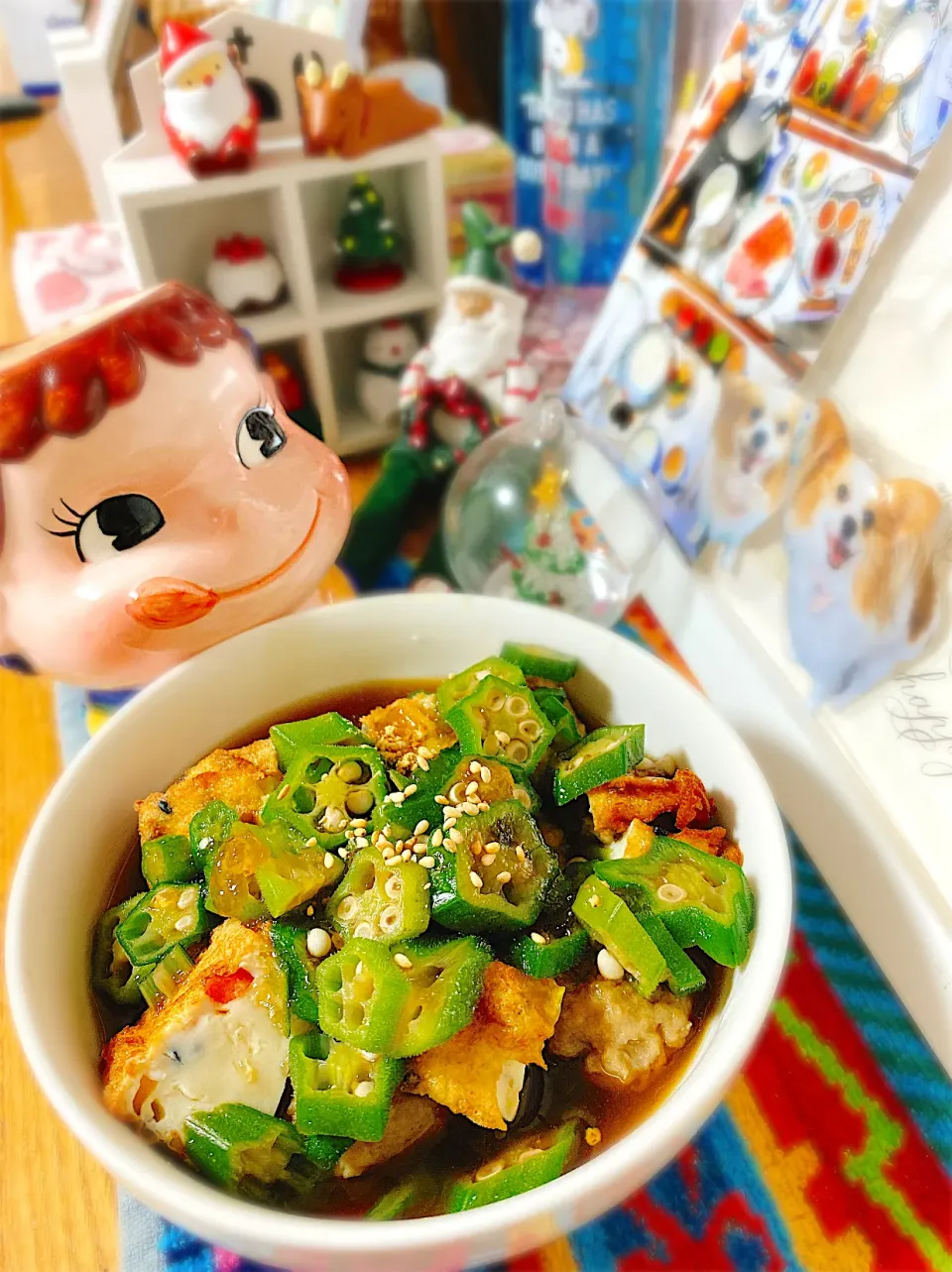 Snapdishの料理写真:小鍋とレンチンでパパッと簡単♡厚揚げと肉団子のオクラ餡掛け。|ぽき。さん