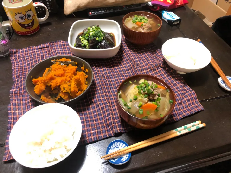 晩ごはん★かぼちゃの煮物、なすの煮浸し、鰯のつみれ汁、ごはん|ハルさん